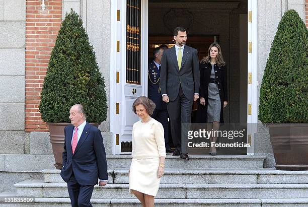 King Juan Carlos I of Spain , Queen Sofia of Spain , Prince Felipe of Spain and Princess Letizia of Spain receive the President of Chile Sebastian...
