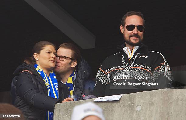 Princess Victoria of Sweden, Prince Daniel of Sweden and Prince Haakon of Norway attend the Ladies Relay 4x5km Classic/Free race during the FIS...