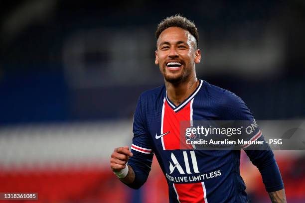 Neymar Jr of Paris Saint-Germain reacts during the Ligue 1 match between Paris Saint-Germain and Stade Reims at Parc des Princes on May 16, 2021 in...