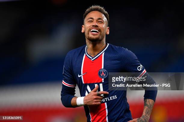 Neymar Jr of Paris Saint-Germain reacts during the Ligue 1 match between Paris Saint-Germain and Stade Reims at Parc des Princes on May 16, 2021 in...