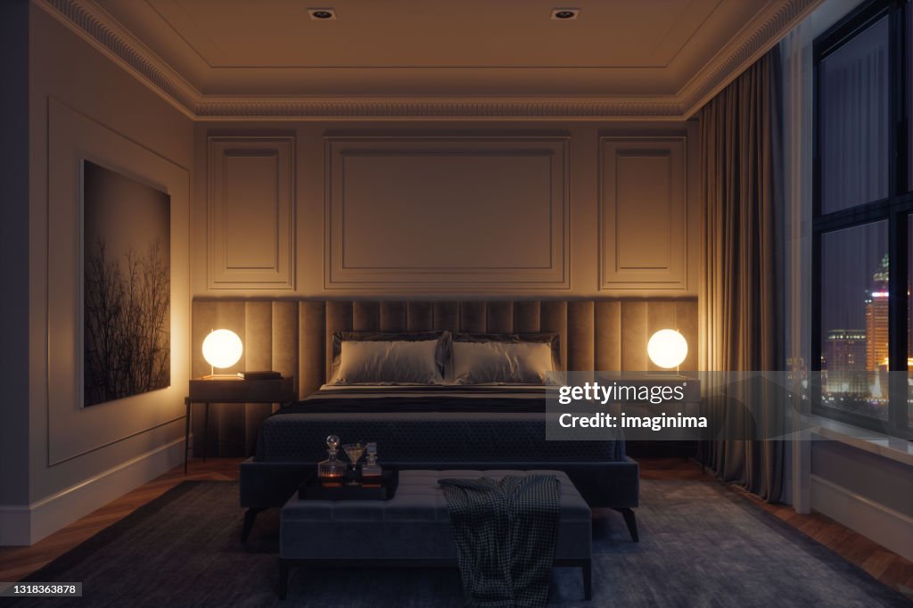 Interior de quarto moderno de luxo à noite