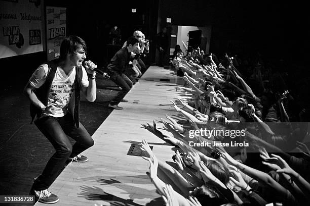 Image has been converted to black and white.) James Maslow and Big Time Rush perform at Sycamore High School on October 29, 2010 in Sycamore,...