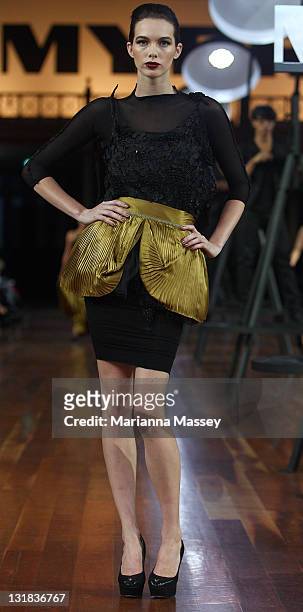 Model showcases designs by Toni Maticevski on the catwalk during the Myer Autumn/Winter Season Launch 2011 Show at The Royal Exhibition Building on...