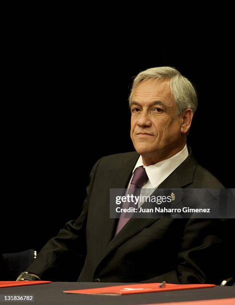 Chilean president Sebastian Pinera visits and inagurates 'Don Qui, El Quijote de Matta' exposition at Instituto Cervantes on March 8, 2011 in Madrid,...