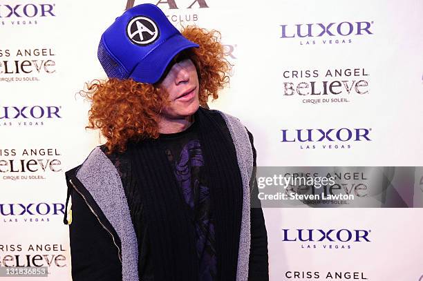 Comedian Carrot Top arrives for Criss Angel's birthday and 1000th 'Criss Angel BeLIEve' show at LAX Nightclub on December 11, 2010 in Las Vegas,...