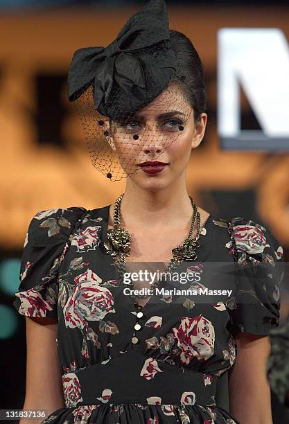 Model showcases designs by Elona Edmiston on the catwalk during the Myer Autumn/Winter Season Launch 2011 Show at The Royal Exhibition Building on...