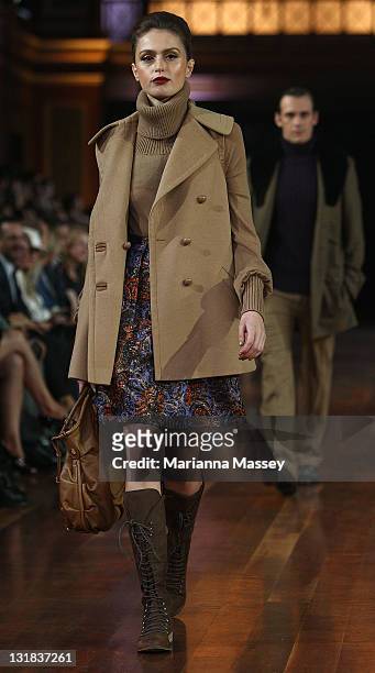 Model showcases designs by Country Club on the catwalk during the Myer Autumn/Winter Season Launch 2011 Show at The Royal Exhibition Building on...