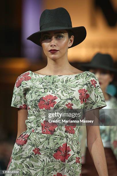 Model showcases designs by Arabella Ramsay on the catwalk during the Myer Autumn/Winter Season Launch 2011 Show at The Royal Exhibition Building on...