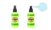 Mosquito spray icons. Repellent insect bottles with anti gnat sign isolated on white background. Vector cartoon illustration