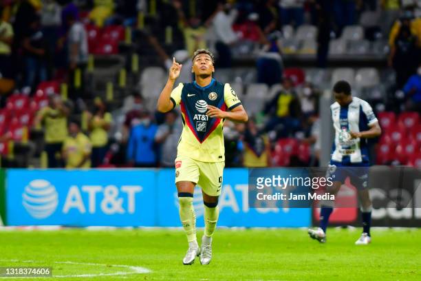 Roger Martinez of America celebrates after scoring his team's first goal during the quarterfinals second leg match between America and Pachuca as...