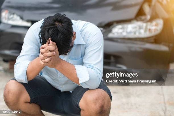 man driver man in front of automobile crash car collision accident in city road. - curb stock pictures, royalty-free photos & images