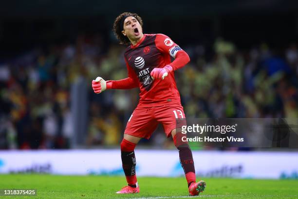 Guillermo Ochoa of America celebrates after the second goal of his team during the quarterfinals second leg match between America and Pachuca as part...
