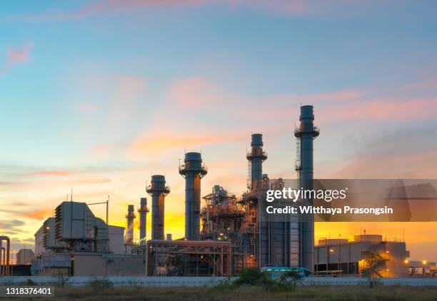 gas turbine electrical power plant at dusk with twilight support all factory in industrial estate - gas turbine electrical power plant stock pictures, royalty-free photos & images