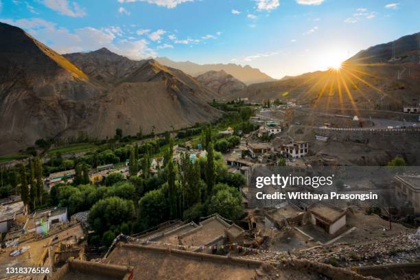 leh city and leh palace, leh - ladakh, jammu and kashmir, india. beautiful landscape from tsemo hill, leh palace. - leh stock pictures, royalty-free photos & images