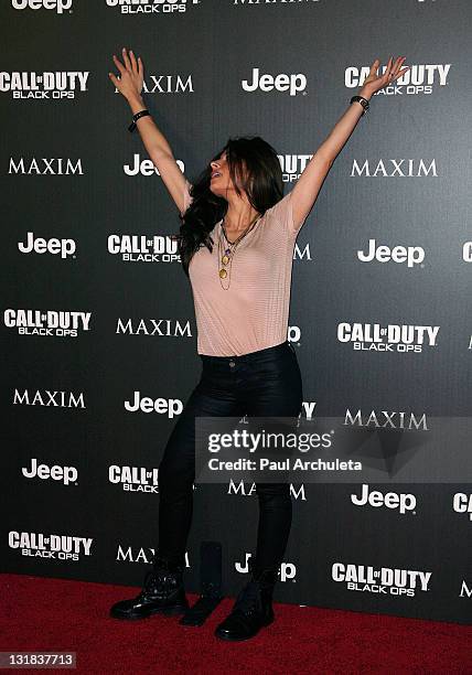 Actress Sarah Shahi arrives at the Jeep, Maxim and Call Of Duty Black Ops celebration of the Maximum Warrior Launch at SupperClub Los Angeles on...