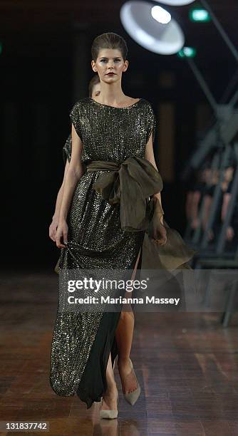 Model showcases designs by Matthew Eager on the catwalk during the Myer Autumn/Winter Season Launch 2011 Show at The Royal Exhibition Building on...