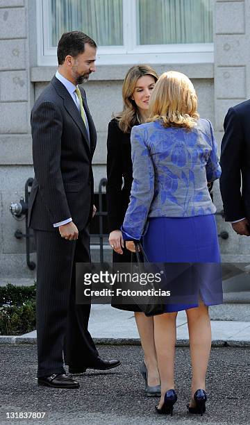 Princess Letizia of Spain and Prince Felipe of Spain receive Chile's First Lady Cecilia Morel de Pinera at Zarzuela Palace on March 7, 2011 in...