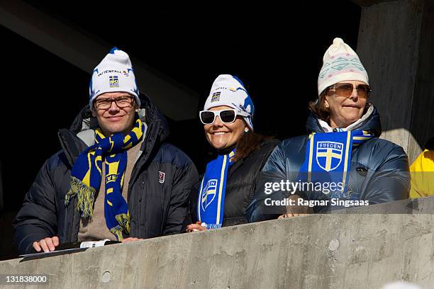 Prince Daniel of Sweden, Princess Victoria of Sweden and Queen Silvia of Sweden attend the Ladie's 30km Mass Start Free in the FIS Nordic World Ski...