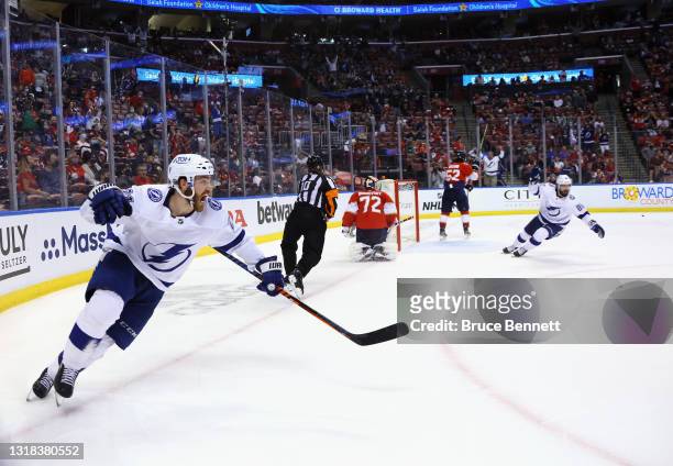Brayden Point of the Tampa Bay Lightning celebrates his game winning goal at 18:46 of the third period against Sergei Bobrovsky of the Florida...