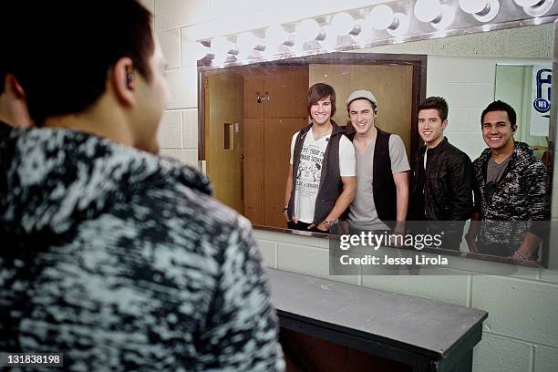 James Maslow, Kendall Schmidt, Logan Henderson and Carlos Pena of Big Time Rush are seen at Sycamore High School for their performance on October 29,...