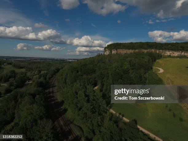 An aerial view of the limestone cliffs in the Kelso Conservation Area at Glen Eden on the Niagara Escarpment on July 3, 2017 in Milton, Canada.