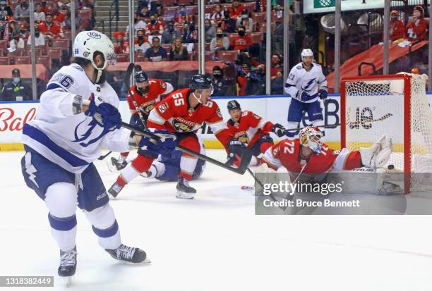 Nikita Kucherov of the Tampa Bay Lightning scores on the powerplay at 14:51 of the second period against Sergei Bobrovsky of the Florida Panthers in...