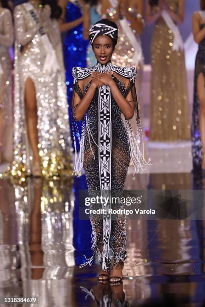 Miss Universe 2019 Zozibini Tunzi appears onstage at the 69th Miss Universe competition at Seminole Hard Rock Hotel & Casino on May 16, 2021 in...