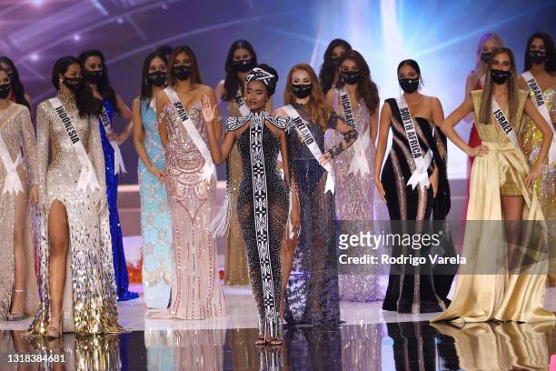 Miss Universe 2019 Zozibini Tunzi appears onstage at the 69th Miss Universe competition at Seminole Hard Rock Hotel & Casino on May 16, 2021 in...
