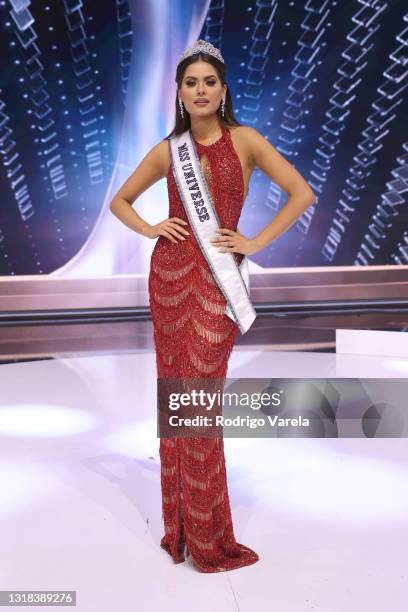 Miss Universe 2020 Andrea Meza poses onstage at the 69th Miss Universe competition at Seminole Hard Rock Hotel & Casino on May 16, 2021 in Hollywood,...