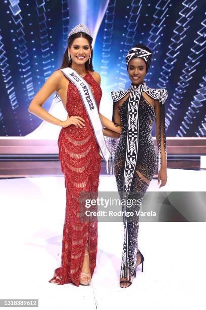 Miss Universe 2020 Andrea Meza and Miss Universe 2019 Zozibini Tunzi pose onstage at the 69th Miss Universe competition at Seminole Hard Rock Hotel &...