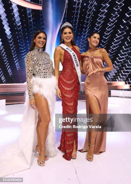 Zuleyka Rivera, Miss Universe 2020 Andrea Meza pose onstage at the 69th Miss Universe competition at Seminole Hard Rock Hotel & Casino on May 16,...