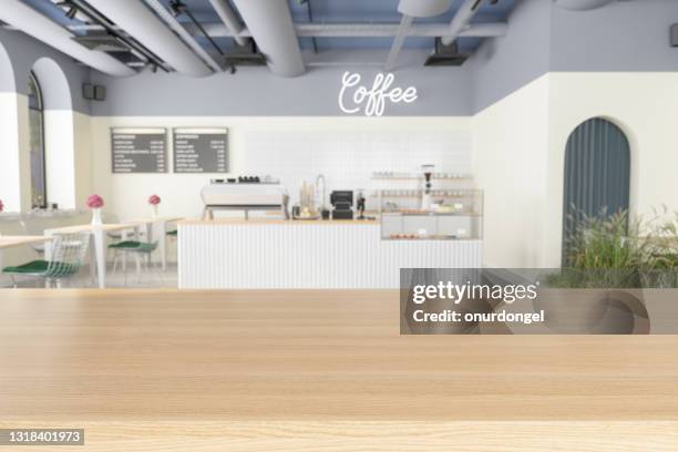 superficie vuota in legno con sfondo vuoto della caffetteria - bancone attrezzatura per vendita al dettaglio foto e immagini stock