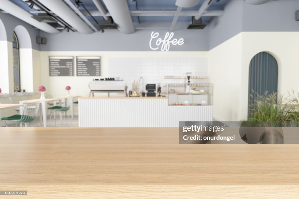 空のコーヒーショップの背景を持つ木材空の表面