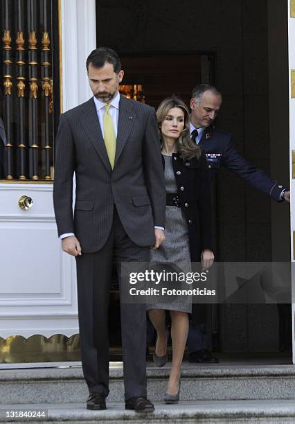 Prince Felipe of Spain and Princess Letizia of Spain receive the President of Chile Sebastian Pinera and her wife Cecilia Morel de Pinera at Zarzuela...