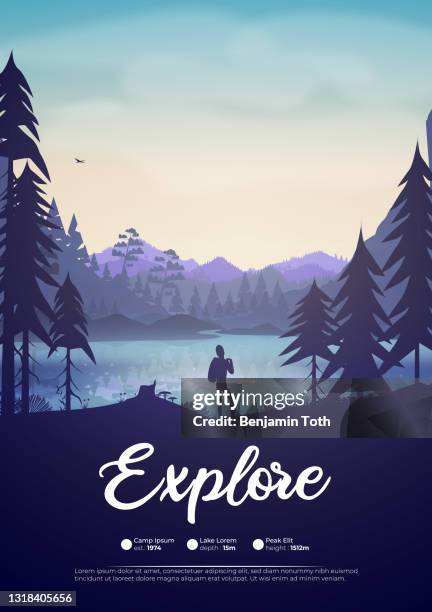 ilustrações de stock, clip art, desenhos animados e ícones de hiker in forest at sunset near a lake with reflection - adventure or travel