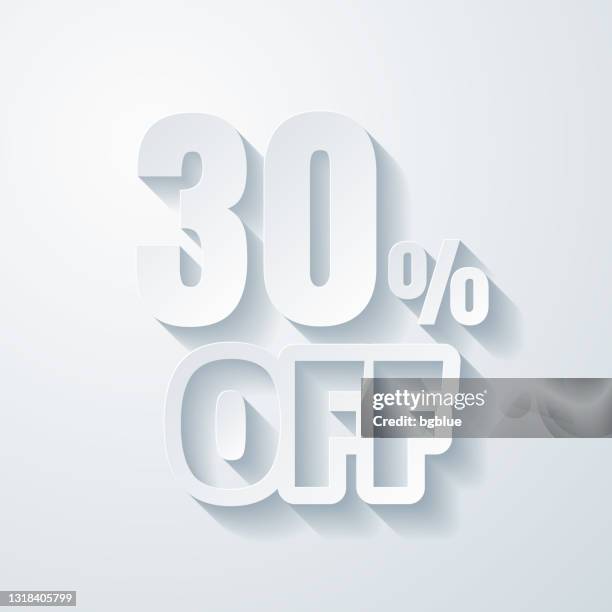 30 percent off (30% off). icon with paper cut effect on blank background - lowering stock illustrations