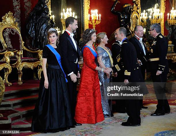 Princess Letizia of Spain, Prince Felipe of Spain, Queen Sofia of Spain and Chilean First Lady Cecilia Morel de Pinera attend a gala dinner in honour...