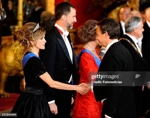 Princess Letizia of Spain , Prince Felipe of Spain and Spain«s Prime Minister Jose Luis Rodriguez Zapatero attend a gala dinner in honour of Chilean...