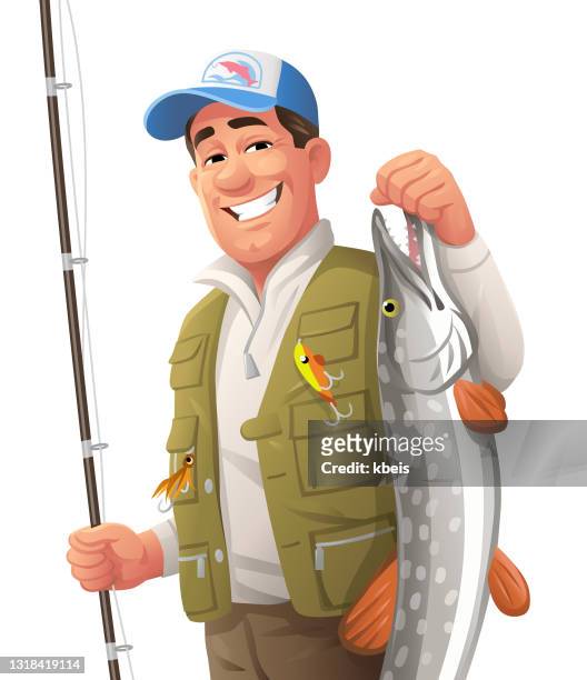 proud fisherman holding pike - northern pike stock illustrations