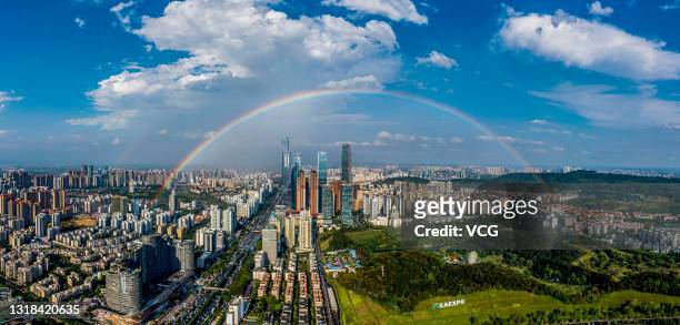 Rainbow is seen over the ASEAN Business District after a rain on May 16, 2021 in Nanning, Guangxi Zhuang Autonomous Region of China.