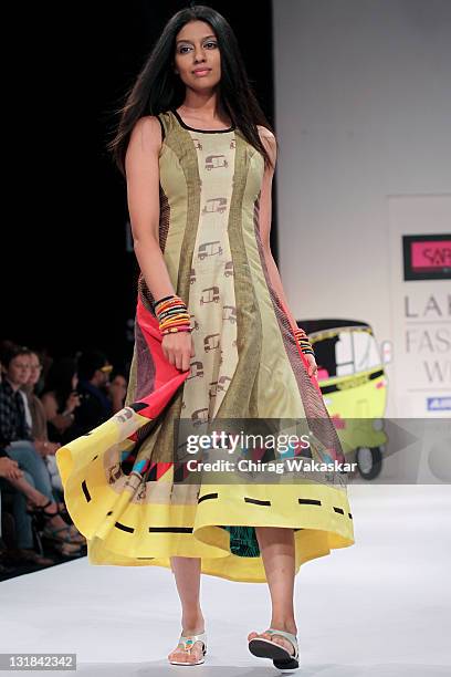 Model walks the runway at the Sabah Khan show at Lakme Fashion Week Summer/ Resort 2011 day 4 at the Grand Hyatt on March 14, 2011 in Mumbai, India.