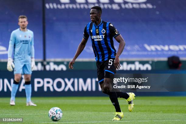 Odilon Kossounou of Club Brugge during the Belgium Pro League match between Club Brugge and Royal Antwerp FC at Jan Breydelstadion on May 16, 2021 in...