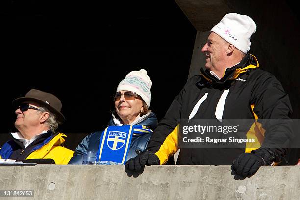 King Carl XVI Gustaf of Sweden, Queen Silvia of Sweden and King Harald V of Norway attend the Ladie's 30km Mass Start Free in the FIS Nordic World...