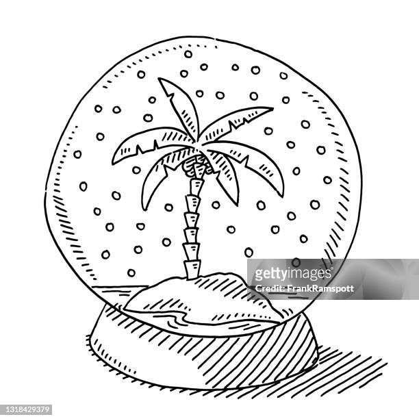 stockillustraties, clipart, cartoons en iconen met onmogelijkheid concept palm island in sneeuw globe tekening - empty snow globe