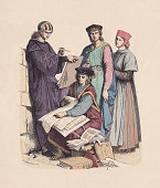 Italian scholars, German citizen, 13th century, hand-colored woodcut, published c.1880