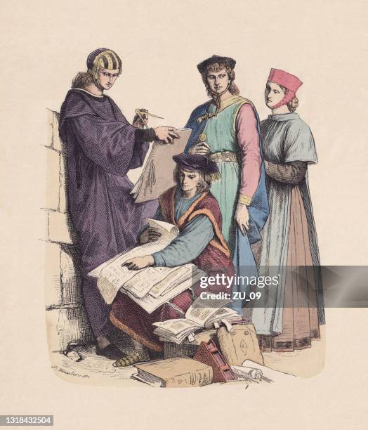 italian scholars, german citizen, 13th century, hand-colored woodcut, published c.1880 - adult education stock illustrations