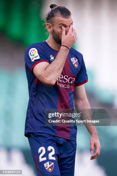 Gastón Silva of SD Huesca reacts during the La Liga Santander match between Real Betis and SD Huesca at Estadio Benito Villamarin on May 16, 2021 in...