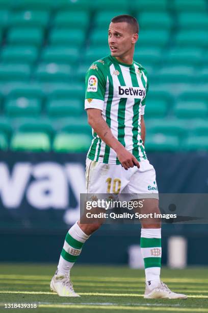 Sergio Canales of Real Betis looks on during the La Liga Santander match between Real Betis and SD Huesca at Estadio Benito Villamarin on May 16,...