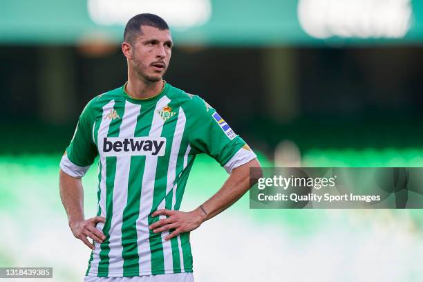 Guido Rodriguez of Real Betis looks on during the La Liga Santander match between Real Betis and SD Huesca at Estadio Benito Villamarin on May 16,...