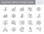 Hair cosmetic line icons. Vector illustration include icon - skincare, frizzy, repair, revitalizing, scalp, dandruff, follicle outline pictogram for trichology. 64x64 Pixel Perfect, Editable Stroke